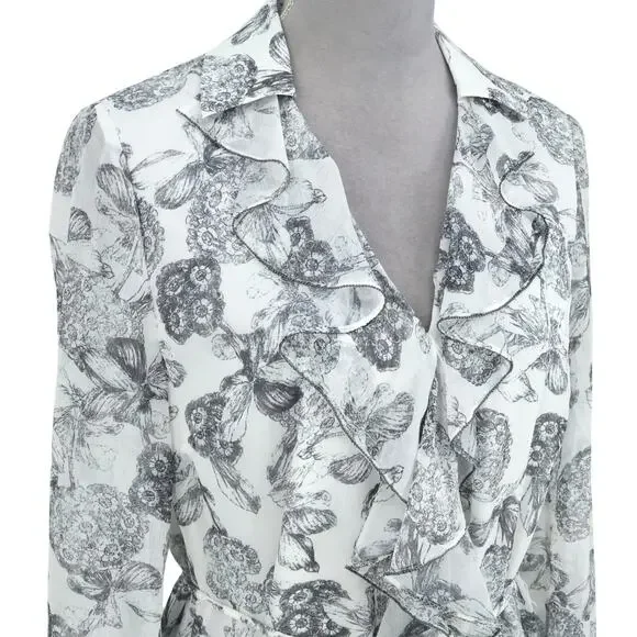 Ted Baker 2 Dress Womens 6 White Black Floral Ruffles Chiffon Tie Waist Lined - Picture 6 of 16